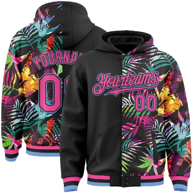 Athletic Hoodie for Active Wear-Custom Black Pink-Light Blue Tropical Palm Leaves 3D Pattern Design Bomber Full-Snap Varsity Letterman Hoodie Jacket