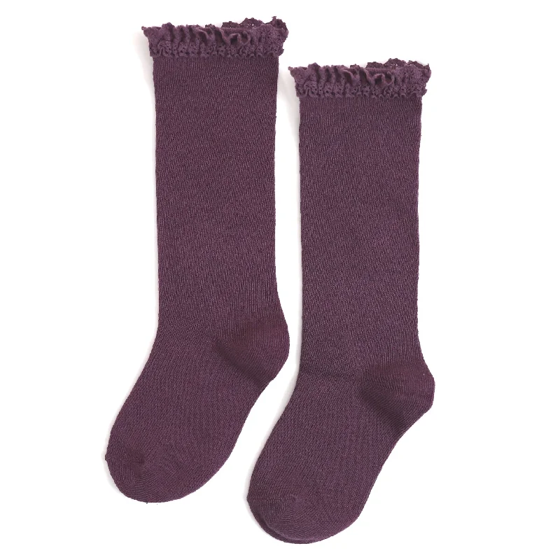 Trendy Glitter Socks for Sparkling Outfits-Lace Top Knee High Socks - Plum