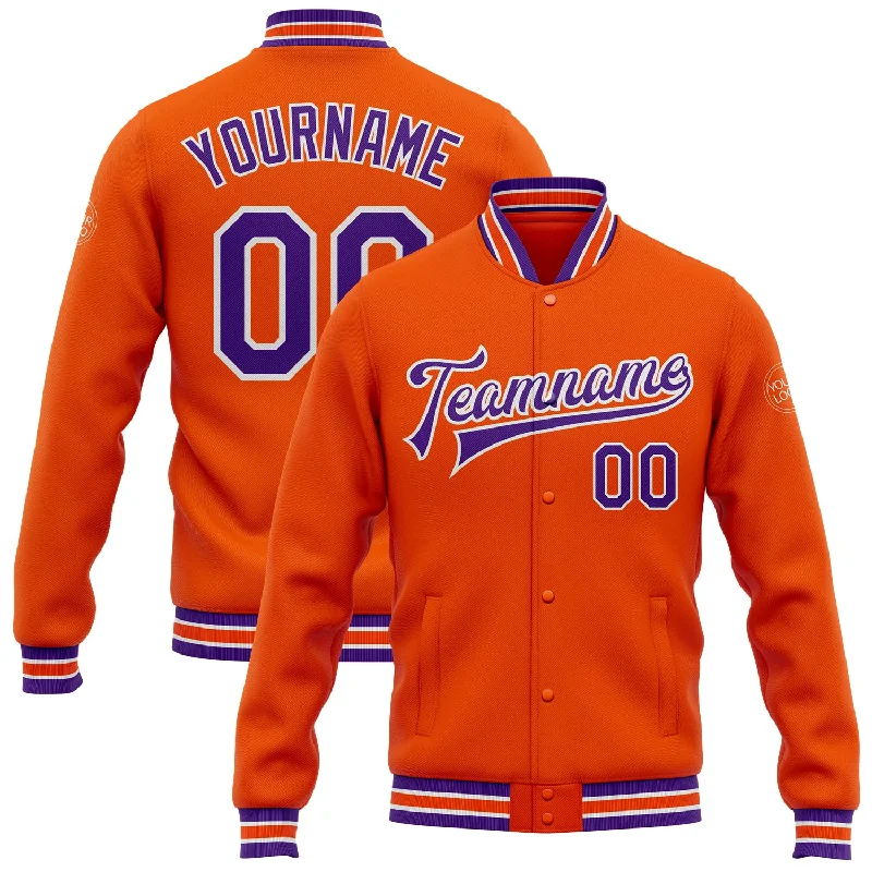 Warm Faux Leather Jacket for Fall and Winter-Custom Orange Purple-White Bomber Full-Snap Varsity Letterman Jacket