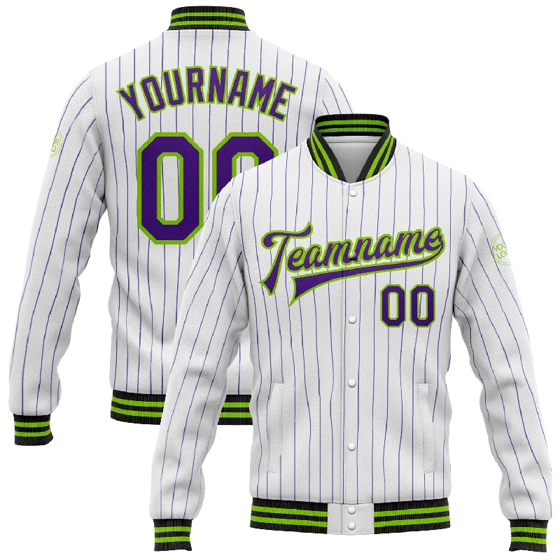 Stylish Rain Jacket for Wet Weather-Custom White Purple Pinstripe Neon Green-Black Bomber Full-Snap Varsity Letterman Jacket