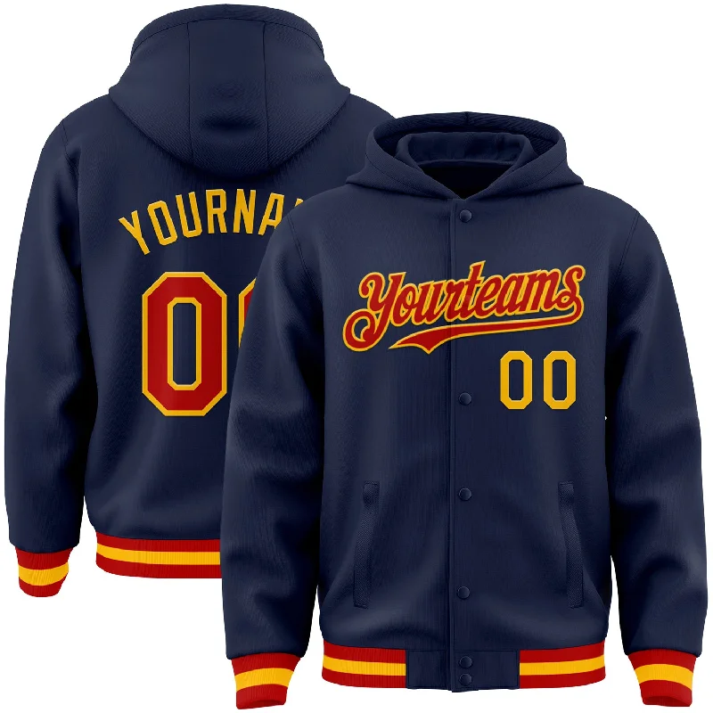 Casual Hoodie for Effortless Fashion-Custom Navy Red-Gold Bomber Full-Snap Varsity Letterman Hoodie Jacket