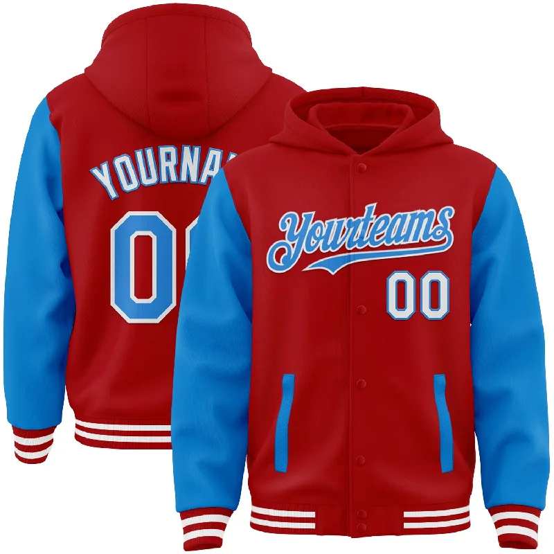 Breathable Hoodie for Hot Weather-Custom Red Powder Blue-White Bomber Full-Snap Varsity Letterman Two Tone Hoodie Jacket