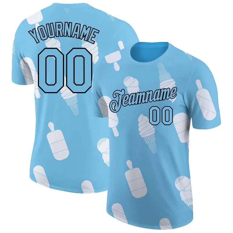 Graphic Print T-Shirt for a Bold Look-Custom Sky Blue Black-White 3D Pattern Design Summer Holiday Ice Cream Performance T-Shirt