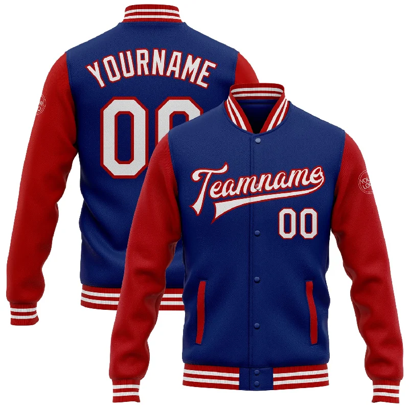 Sporty Track Jacket for Active Living-Custom Royal White-Red Bomber Full-Snap Varsity Letterman Two Tone Jacket