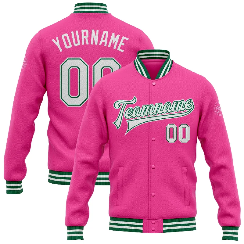 Waterproof Hiking Jacket for Mountain Adventures-Custom Pink White-Kelly Green Bomber Full-Snap Varsity Letterman Jacket