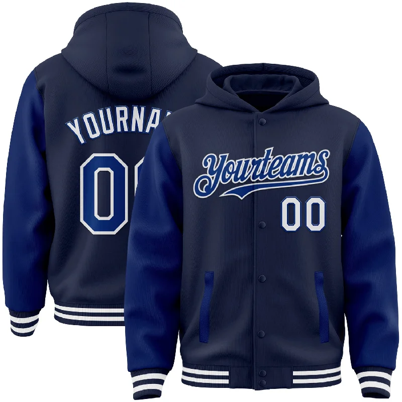 Lightweight Hoodie for Gym and Outdoor Activities-Custom Navy Royal-White Bomber Full-Snap Varsity Letterman Two Tone Hoodie Jacket