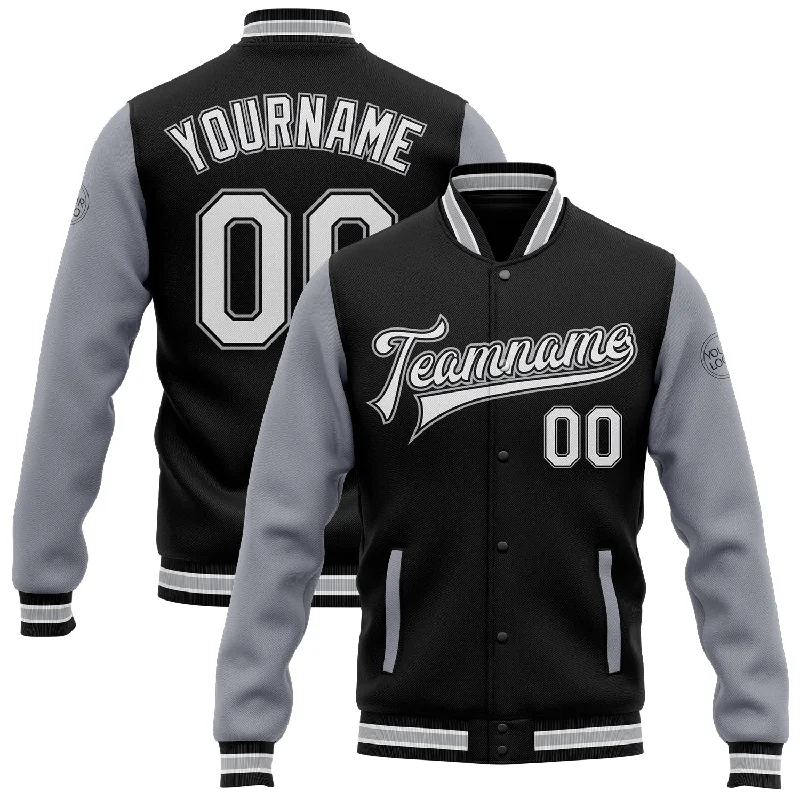 Sporty Track Jacket for Active Living-Custom Black White-Gray Bomber Full-Snap Varsity Letterman Two Tone Jacket