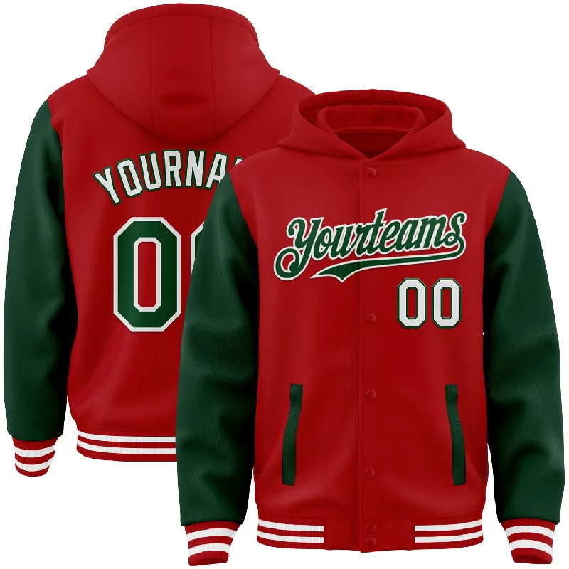 Sporty Hoodie for Jogging and Walking-Custom Red Green-White Bomber Full-Snap Varsity Letterman Two Tone Hoodie Jacket