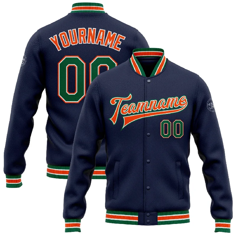 Soft Hoodie Jacket for Casual Comfort-Custom Navy Kelly Green-Orange Bomber Full-Snap Varsity Letterman Jacket