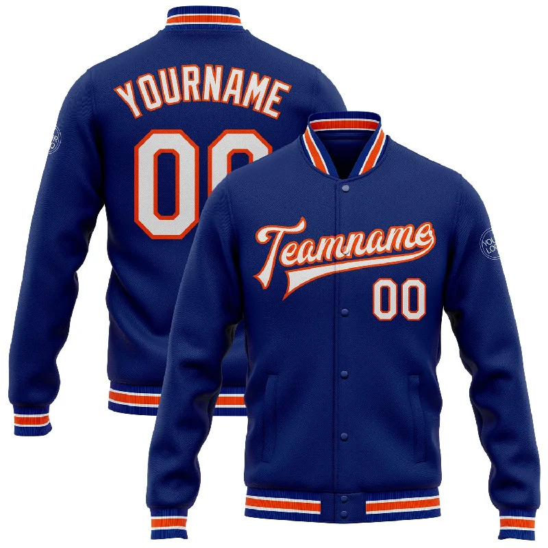 Casual Utility Jacket for Practical Wear-Custom Royal White-Orange Bomber Full-Snap Varsity Letterman Jacket