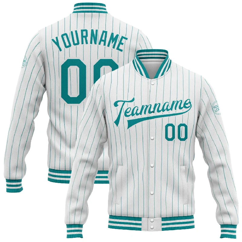 Soft Shell Jacket for Spring Weather-Custom White Teal Pinstripe Teal Bomber Full-Snap Varsity Letterman Jacket