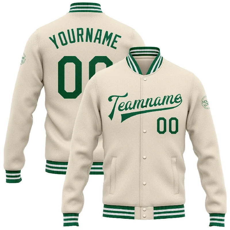 Warm Fleece Jacket for Layering-Custom Cream Kelly Green-White Bomber Full-Snap Varsity Letterman Jacket