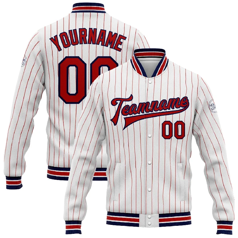 Classic Denim Jacket for Timeless Appeal-Custom White Red Pinstripe Navy Bomber Full-Snap Varsity Letterman Jacket