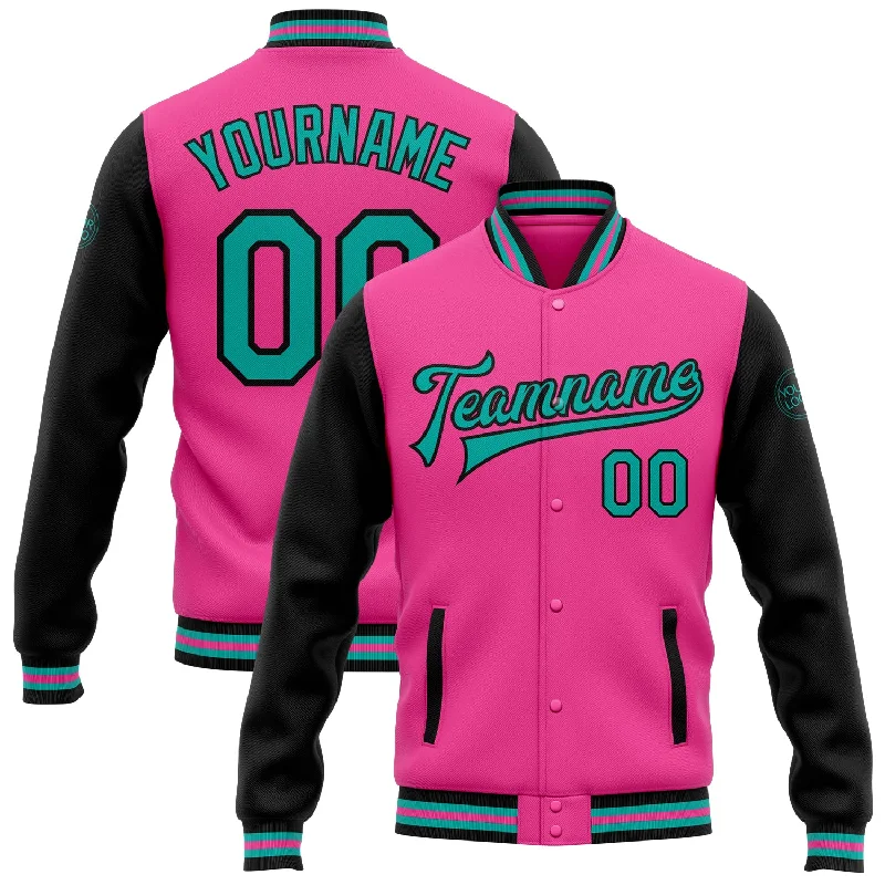 Relaxed Fit Denim Jacket for Casual Looks-Custom Pink Aqua-Black Bomber Full-Snap Varsity Letterman Two Tone Jacket