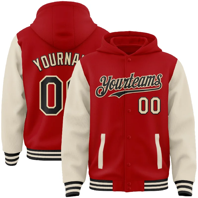 Fashionable Hoodie with Colorblock Design-Custom Red Black-Cream Bomber Full-Snap Varsity Letterman Two Tone Hoodie Jacket