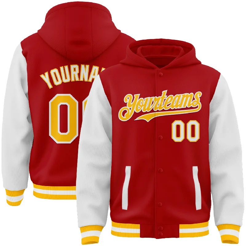 Stylish Hoodie for Daily Errands-Custom Red Gold-White Bomber Full-Snap Varsity Letterman Two Tone Hoodie Jacket