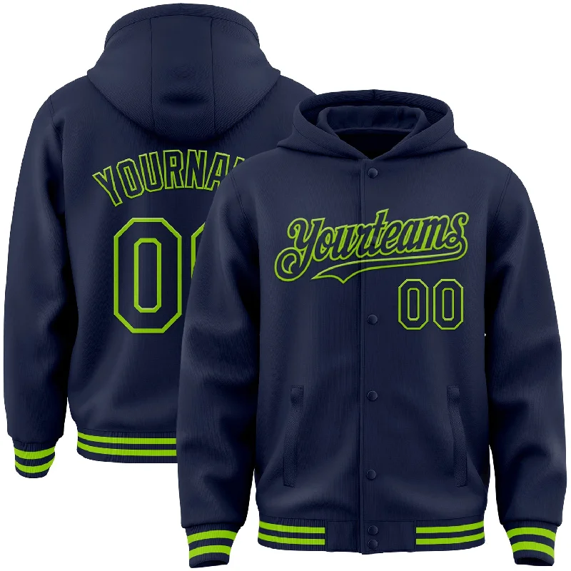 Trendy Oversized Hoodie for Fashionable Looks-Custom Navy Neon Green Bomber Full-Snap Varsity Letterman Hoodie Jacket