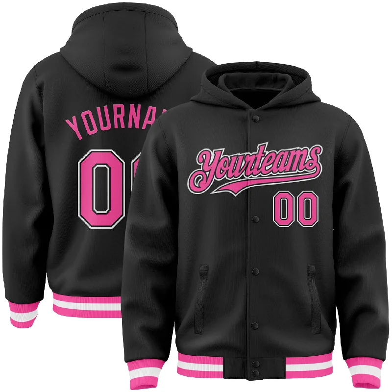 Cozy Hoodie for Relaxing at Home-Custom Black Pink-White Bomber Full-Snap Varsity Letterman Hoodie Jacket