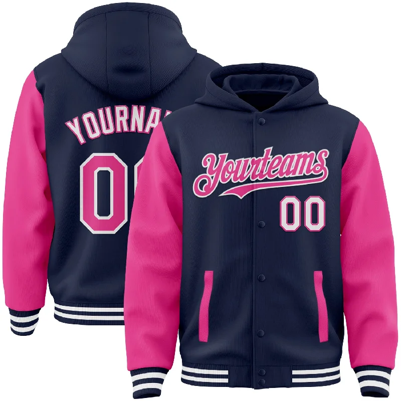 Customizable Hoodie for Personalized Styles-Custom Navy Pink-White Bomber Full-Snap Varsity Letterman Two Tone Hoodie Jacket