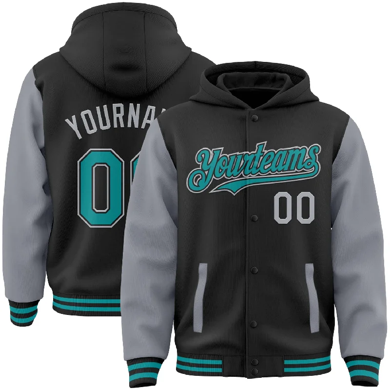 Comfortable Hoodie for Traveling-Custom Black Teal-Gray Bomber Full-Snap Varsity Letterman Two Tone Hoodie Jacket