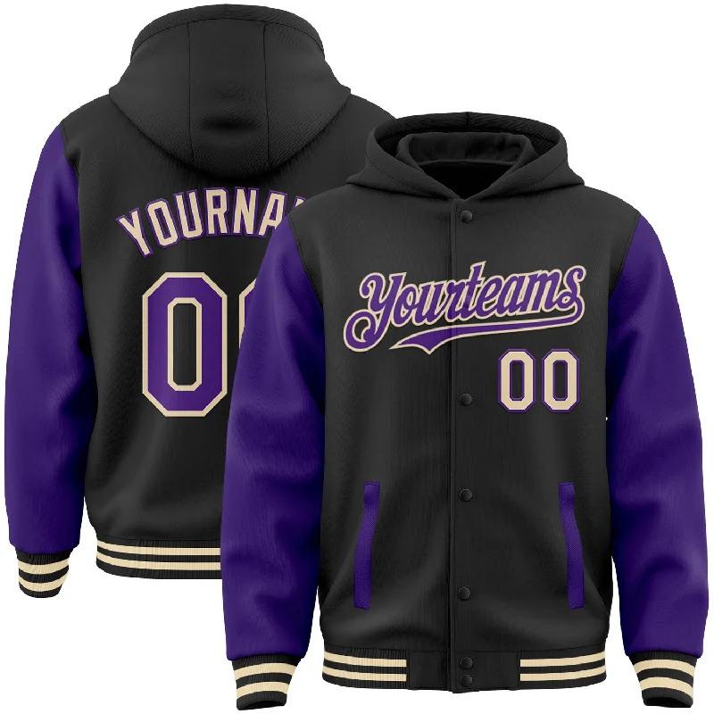 Athletic Hoodie for Active Lifestyles-Custom Black Purple-Cream Bomber Full-Snap Varsity Letterman Two Tone Hoodie Jacket