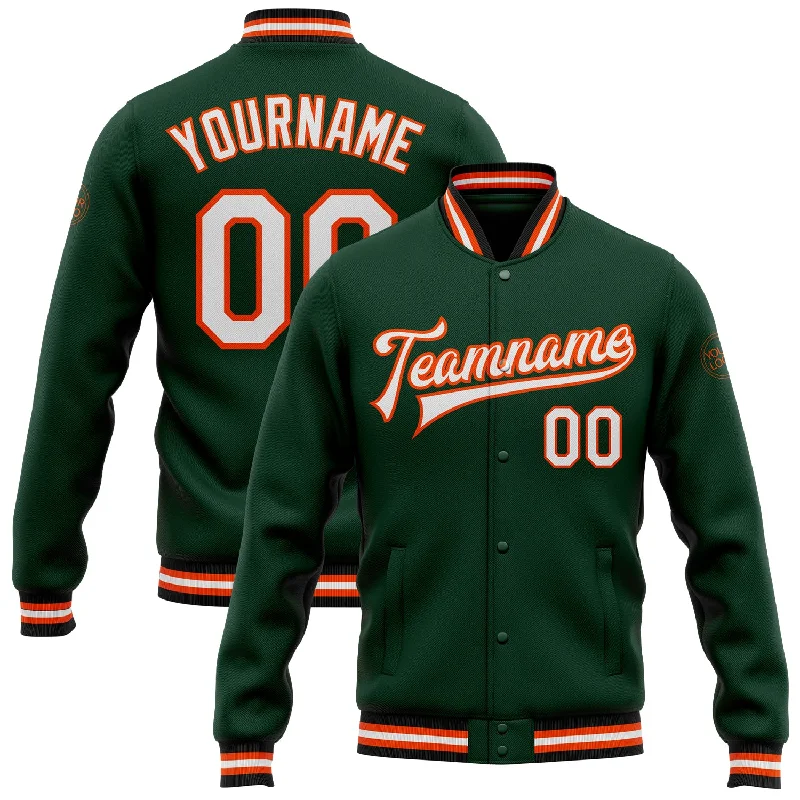 Fashionable Corduroy Jacket for Vintage Style-Custom Green White Orange-Black Bomber Full-Snap Varsity Letterman Jacket