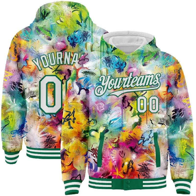 Warm Hoodie for Camping and Hiking-Custom Graffiti Pattern White-Kelly Green Splash 3D Bomber Full-Snap Varsity Letterman Hoodie Jacket