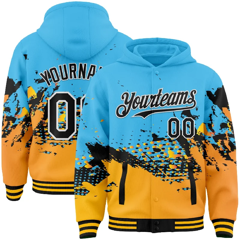 Casual Hoodie for Effortless Fashion-Custom Sky Blue Black-Gold Abstract Splash Grunge Art 3D Pattern Design Bomber Full-Snap Varsity Letterman Hoodie Jacket