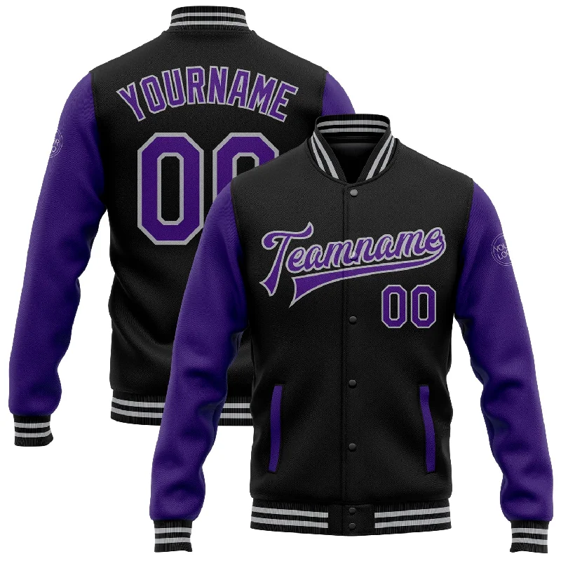 Fleece-Lined Winter Jacket for Extra Warmth-Custom Black Purple-Gray Bomber Full-Snap Varsity Letterman Two Tone Jacket