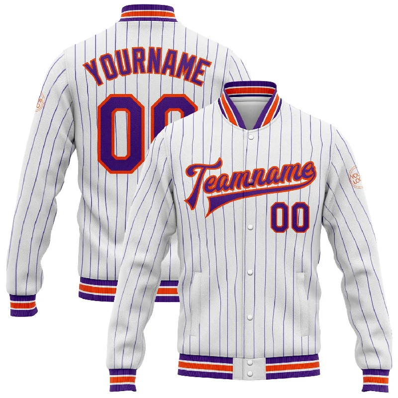 Classic Military Jacket for Everyday Looks-Custom White Purple Pinstripe Orange Bomber Full-Snap Varsity Letterman Jacket