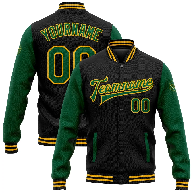 Minimalist Zip-Up Jacket for Sports and Street Style-Custom Black Kelly Green-Gold Bomber Full-Snap Varsity Letterman Two Tone Jacket