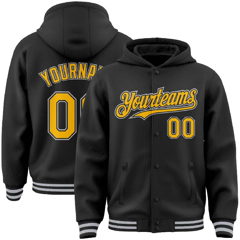 Comfortable Hoodie for Hiking and Outdoors-Custom Black Gold-Gray Bomber Full-Snap Varsity Letterman Hoodie Jacket