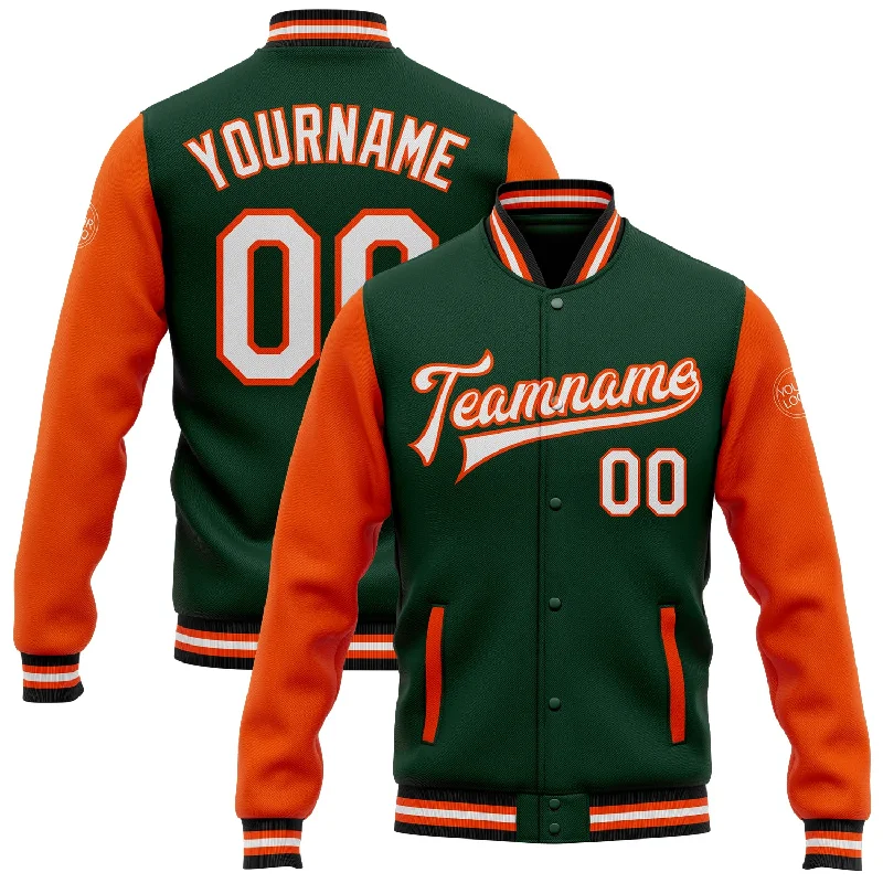 Functional Waterproof Jacket for Outdoor Activities-Custom Green White Orange-Black Bomber Full-Snap Varsity Letterman Two Tone Jacket