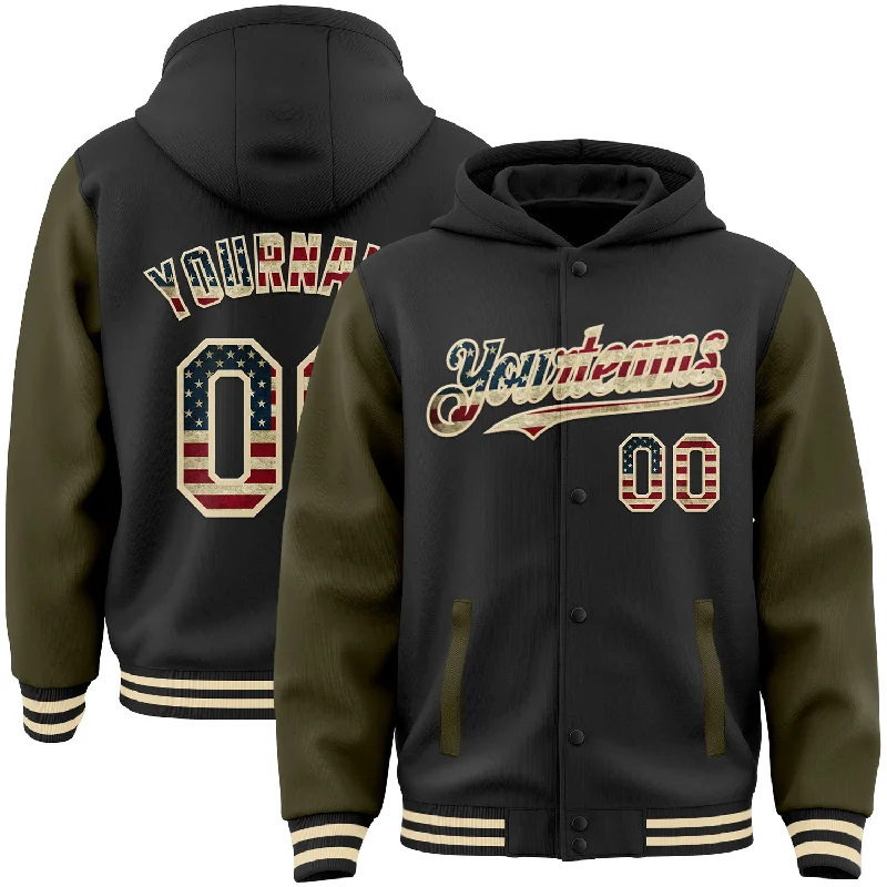 Casual Hoodie for Effortless Fashion-Custom Black Vintage USA Flag Olive-Cream Bomber Full-Snap Varsity Letterman Two Tone Hoodie Jacket