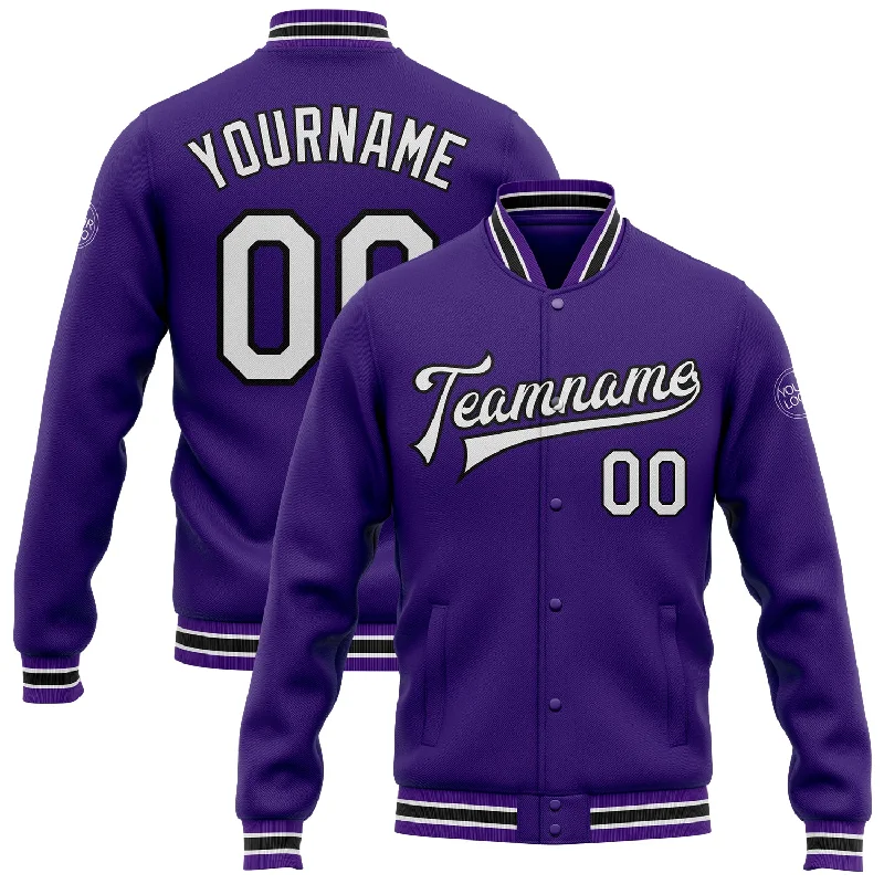 Stylish Utility Jacket for Casual Outfits-Custom Purple White-Black Bomber Full-Snap Varsity Letterman Jacket