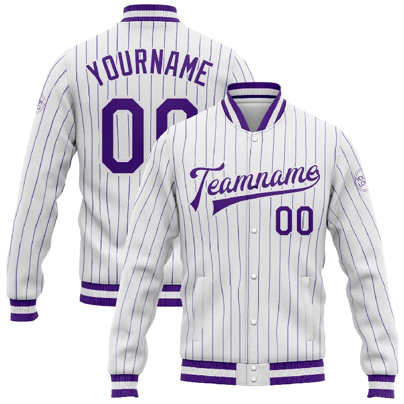 Warm Quilted Jacket for Cozy Winter Days-Custom White Purple Pinstripe Purple Bomber Full-Snap Varsity Letterman Jacket