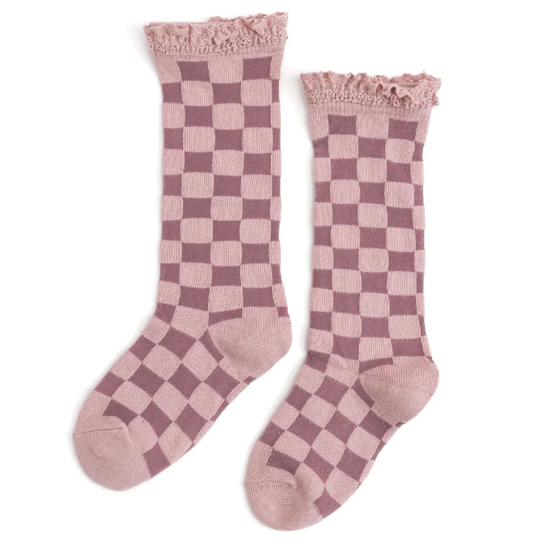 Fun Food-Themed Socks for Unique Gifts-Checkered Lace Top Knee High Socks - Blush/Rose