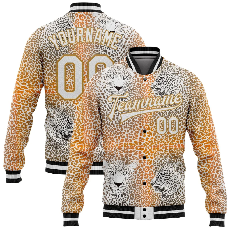 Lightweight Soft Shell Jacket for Hiking-Custom Old Gold White-Black Leopard 3D Pattern Design Bomber Full-Snap Varsity Letterman Jacket