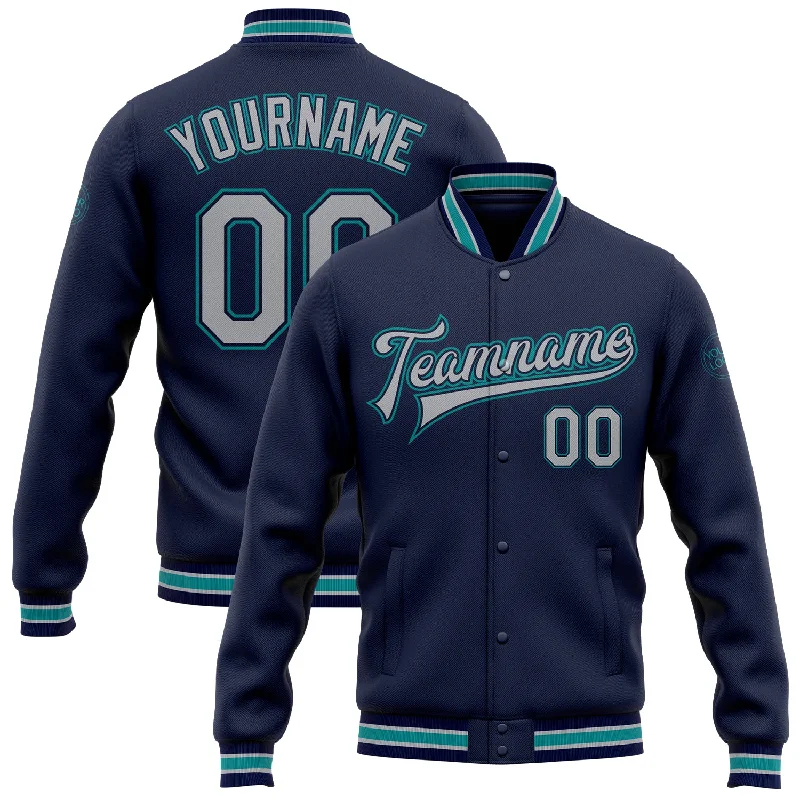 Soft Wool Jacket for Comfy Everyday Style-Custom Navy Gray-Teal Bomber Full-Snap Varsity Letterman Jacket