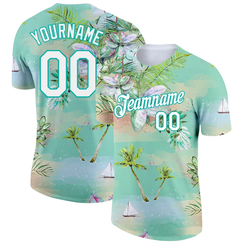 Sporty T-Shirt for Active Lifestyles-Custom Aqua White 3D Pattern Design Beach Hawaii Palm Trees Performance T-Shirt