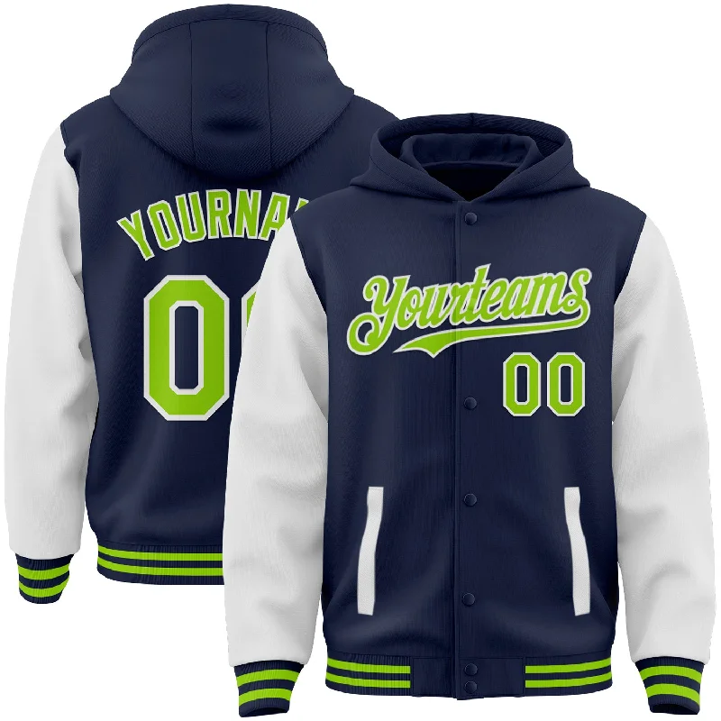 Stylish Hoodie with Ribbed Cuffs for Perfect Fit-Custom Navy Neon Green-White Bomber Full-Snap Varsity Letterman Two Tone Hoodie Jacket