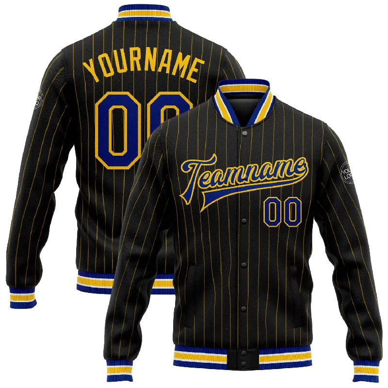 Vintage-Inspired Leather Motorcycle Jacket-Custom Black Yellow Pinstripe Royal-White Bomber Full-Snap Varsity Letterman Jacket