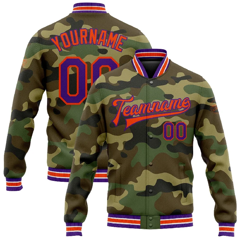 Stylish Moto Jacket for Edgy Looks-Custom Camo Purple-Orange Bomber Full-Snap Varsity Letterman Salute To Service Jacket