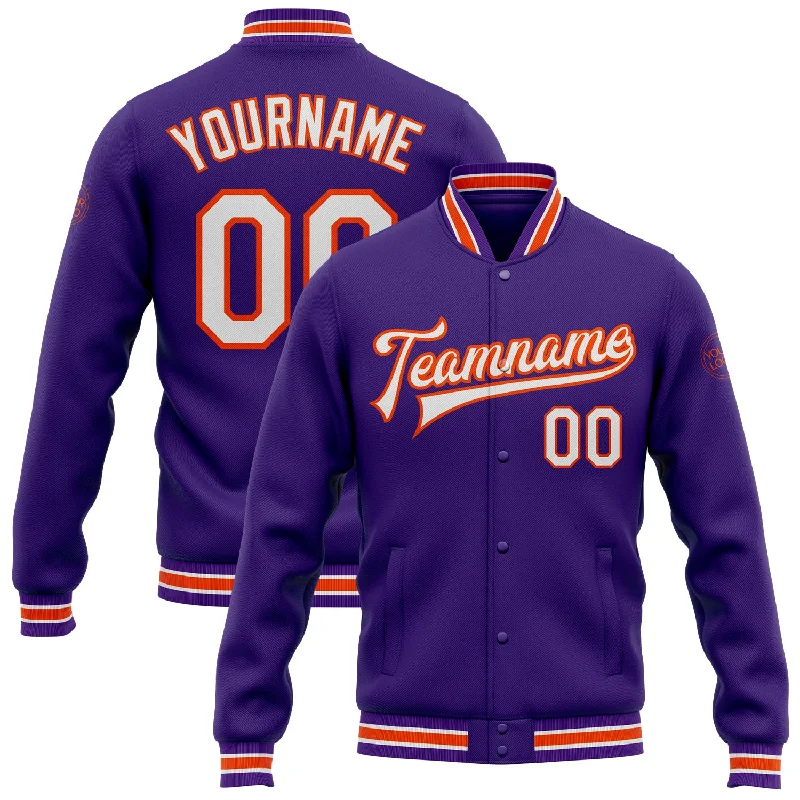 Fashionable Fleece-Lined Zip Jacket for Cold Days-Custom Purple White-Orange Bomber Full-Snap Varsity Letterman Jacket