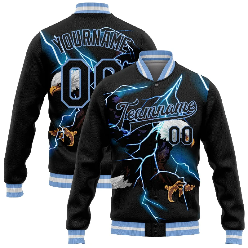 Waterproof Outdoor Jacket for Wet Conditions-Custom Black Light Blue-White Lightning Eagle 3D Pattern Design Bomber Full-Snap Varsity Letterman Jacket