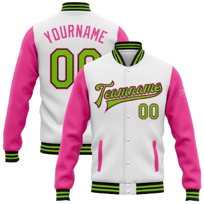 Stylish Quilted Coat Jacket for Fall Fashion-Custom White Neon Green Black-Pink Bomber Full-Snap Varsity Letterman Two Tone Jacket