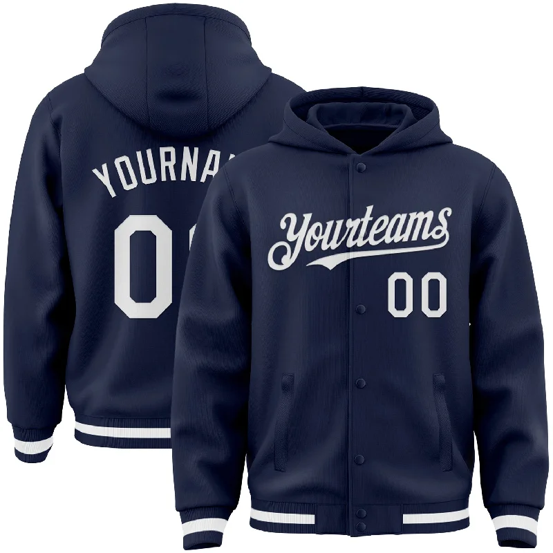 Heavyweight Hoodie for Extra Warmth-Custom Navy White Bomber Full-Snap Varsity Letterman Hoodie Jacket