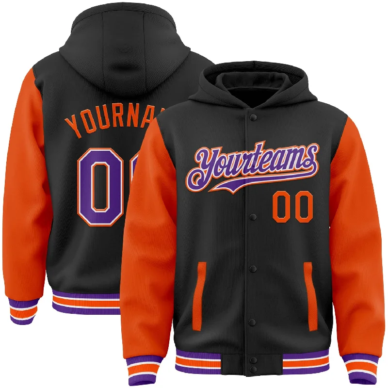 Hoodie with Adjustable Drawstrings for Perfect Fit-Custom Black Purple-Orange Bomber Full-Snap Varsity Letterman Two Tone Hoodie Jacket