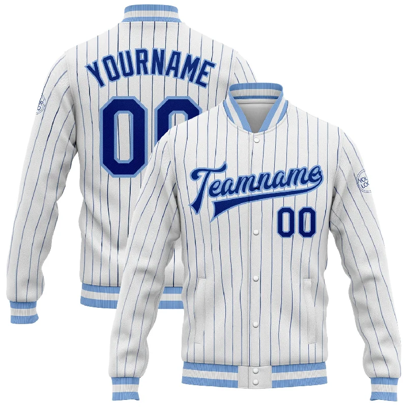 Soft Wool Jacket for Comfy Everyday Style-Custom White Royal Pinstripe Light Blue Bomber Full-Snap Varsity Letterman Jacket