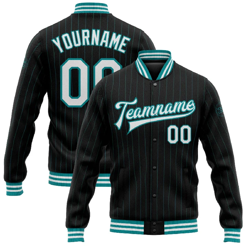 Casual Military Style Jacket for Practical Wear-Custom Black Teal Pinstripe White Bomber Full-Snap Varsity Letterman Jacket